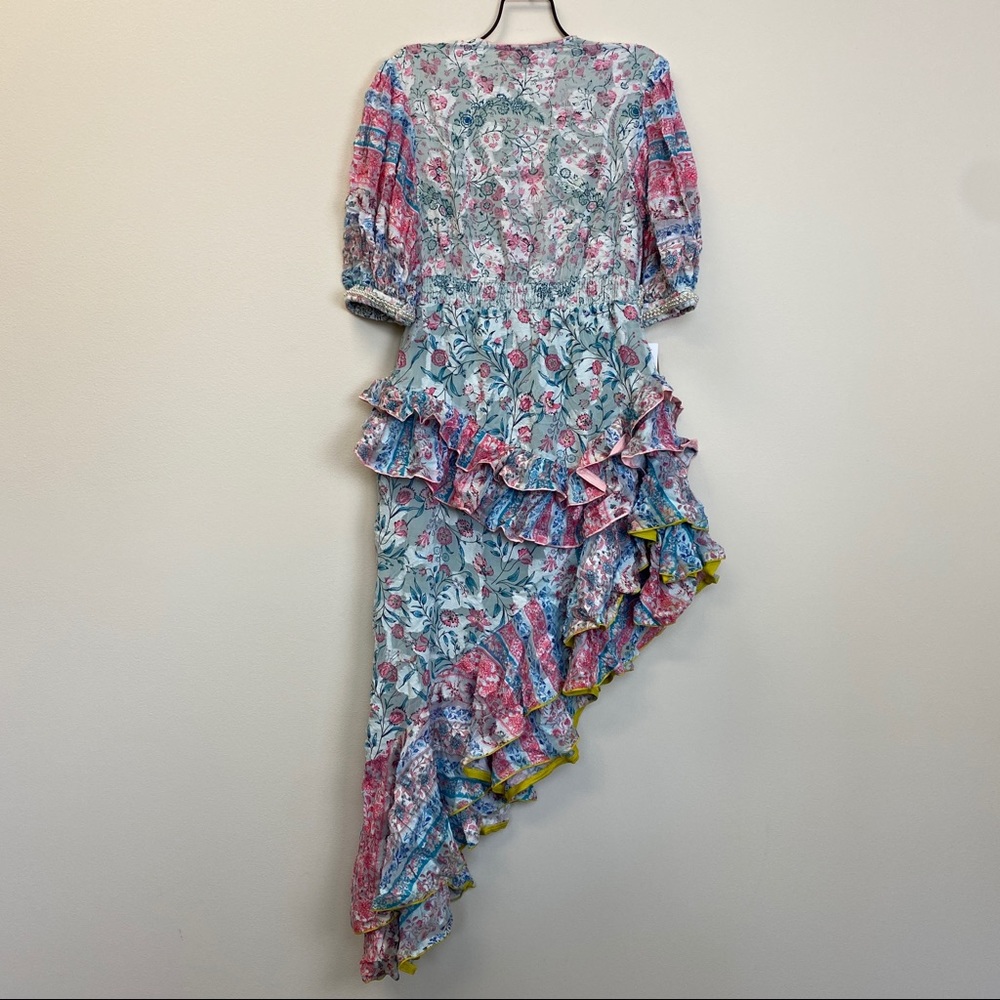 Hemant and Nandita Floral Ruffled Asymmetric Midi Dress in White, Pink, Blue - Picture 13 of 14